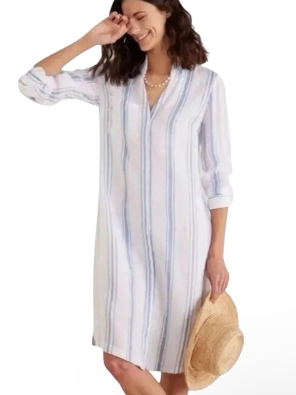 Soft Surroundings 100% Linen Adailia Striped Shirt Dress Button Down Coverup
